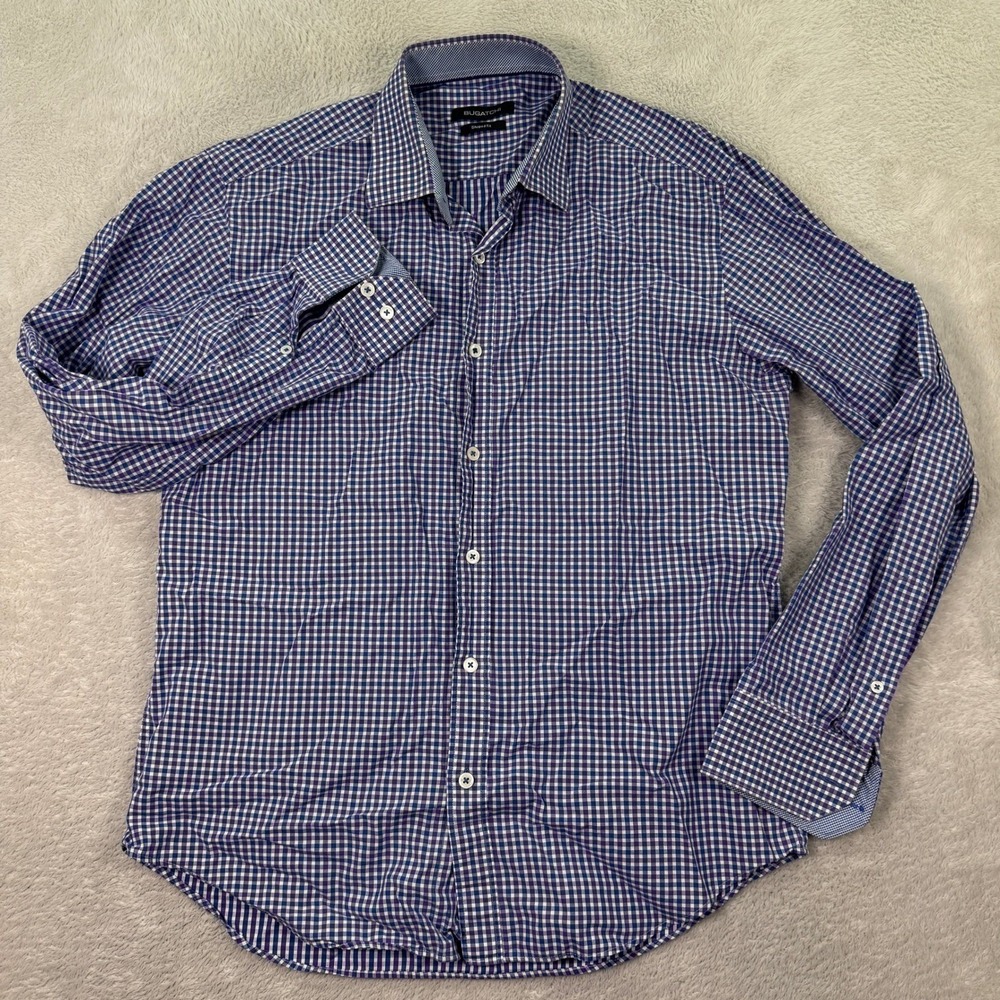 Bugatchi Mens Medium Shaped Fit Shirt Purple Gingham Check L/S Button Up Stretch